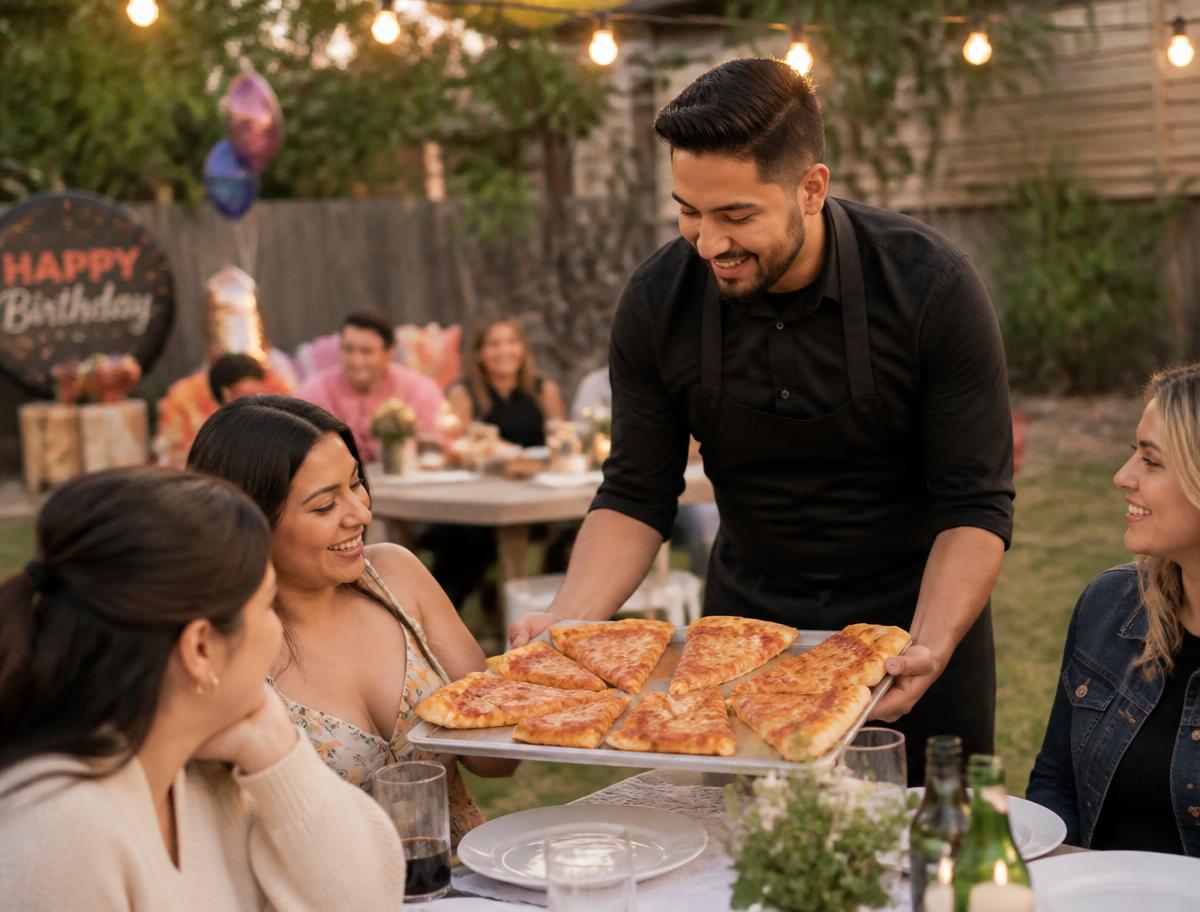 Garçom servindo bandeja de pizzas para convidados em festa de aniversário